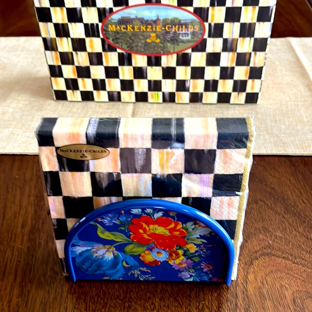 NWT Mackenzie Childs Blue Flower Market napkin holder set Courtly check napkins